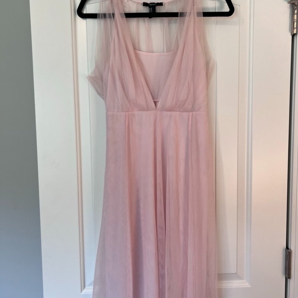 Baby Pink V Neck Organza Midi Dress.